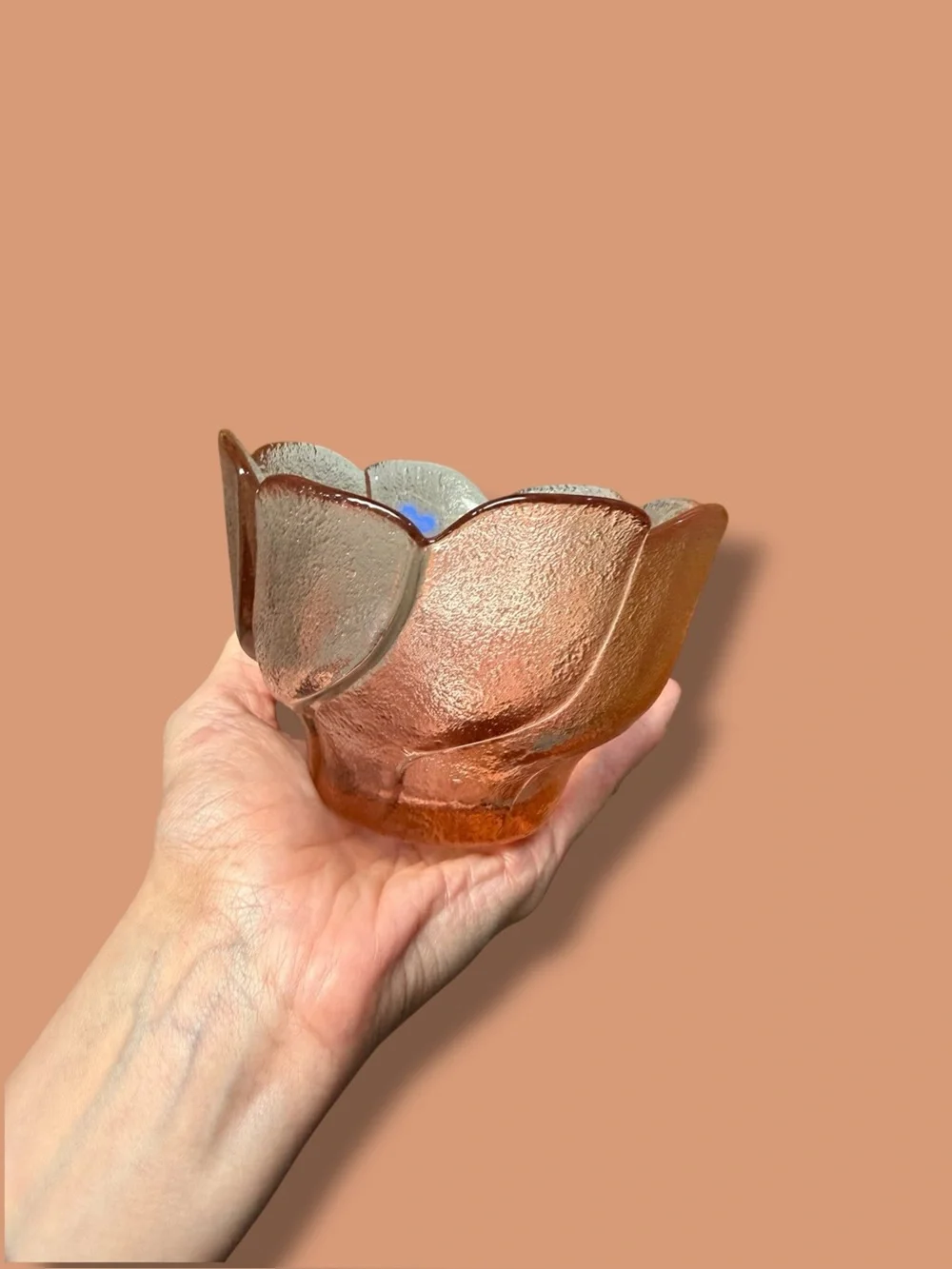 Textured Glass Flower Bowl in pink glow